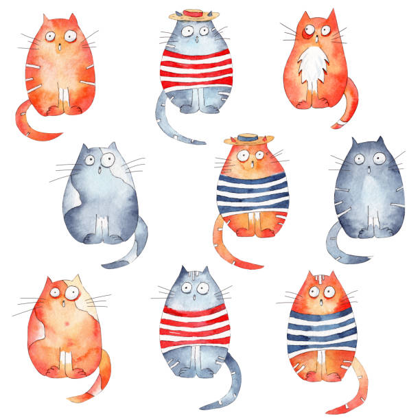 illustrazioni stock, clip art, cartoni animati e icone di tendenza di set di colori acquerello simpatici gatti illustrazioni isolate su w - burano
