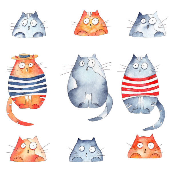 illustrazioni stock, clip art, cartoni animati e icone di tendenza di set di colori acquerello simpatici gatti illustrazioni isolate su w - burano