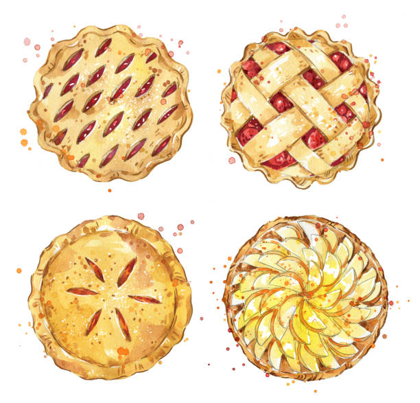 set of home made pies, watercolour illustration set of home made pies, watercolour illustration sweet pie stock illustrations