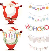 "Santa Claus holding various garlands (ornaments, fish, HO-HO-HO, letters for Santa, candy canes and snowflakes). Vector."