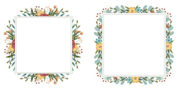 Set of summer, spring, easter, birthday or wedding square frame with flowers, leaves and branches. Set of summer, spring, easter, birthday or wedding square frame with flowers, leaves and branches. Hand drawn illustration. wedding clipart stock illustrations