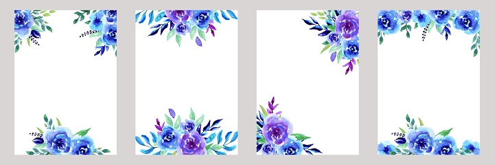 ✓ Imagen de Acuarela tarjeta con flores de color azul. Bouquet para  invitaciones de boda. Fotografía de Stock