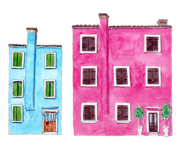 illustrazioni stock, clip art, cartoni animati e icone di tendenza di set di illustrazione colorata ad acquerello di una casa di burano - burano
