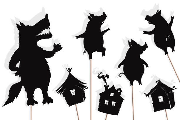 stockillustraties, clipart, cartoons en iconen met shadow puppets van drie kleine varkens en wolf - wajang