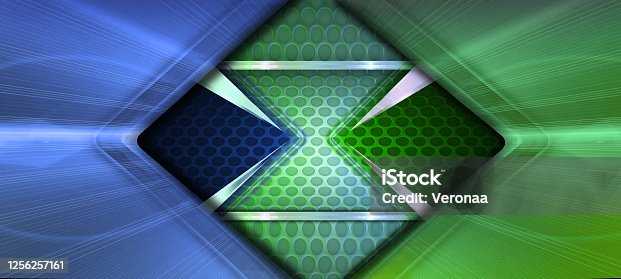 istock Shiny blue and green shade metallic background with decorative bands and metal grille. 1256257161