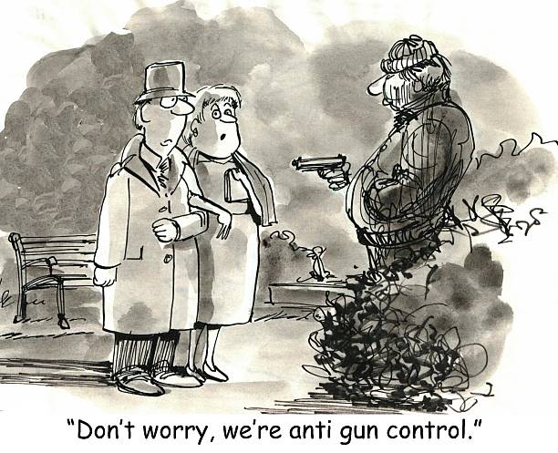 Should Be For Gun Control Cartoon showing a husband and wife being held up by gun.  Woman says to robber, 'Don't worry we're anti gun control'. nra stock illustrations