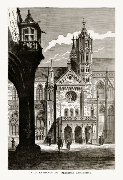 боковой вход, фрайбургский собор в брейсгау, германия около 1887 года - freiburg stock illustrations