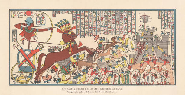 Siege of Dapur by Ramesses II (1269 BC), chromolithograph, 1879 Ramesses II's victory over the Cheta people and the Siege of Dapur (Syria) in 1269 BC during the campain against the Hittite Empire. Chromolithograph after a mural in Ramesses II's temple in Thebes, published in 1879. african warrior symbols drawing stock illustrations