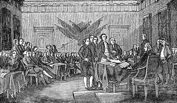 Signing The USA American Declaration Of Independence An engraved illustration of the signing the USA American Declaration of Independence, from a Victorian book dated 1880 that is no longer in copyright 1776 american flag stock illustrations