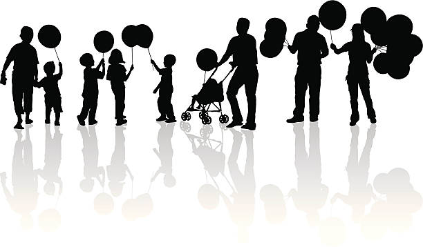 Silhouette children walking on street with holding balloon(hi-res jpeg included) balloon silhouettes stock illustrations