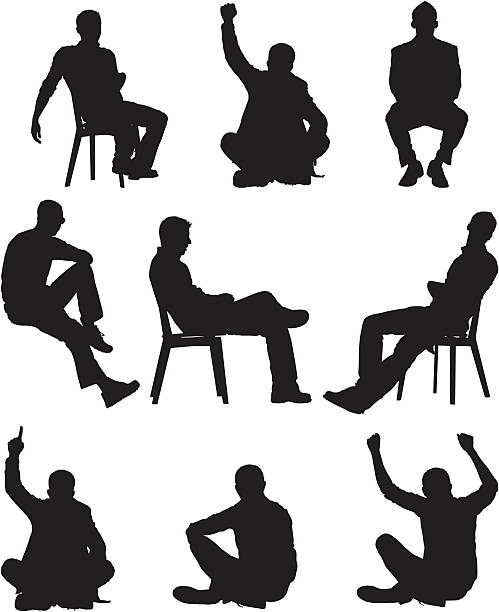 ilustraciones, imágenes clip art, dibujos animados e iconos de stock de silueta de hombre en diferentes poses - sentado