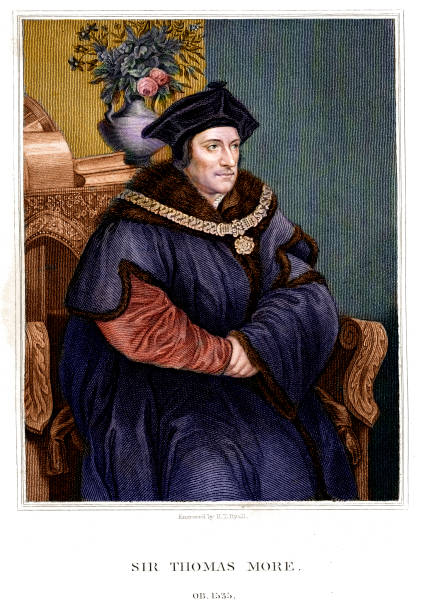 Sir Thomas More "Vintage engraving from 1835 showing Sir Thomas More also known as Saint Thomas More, was an English lawyer, social philosopher, author, and statesman. He is also recognised as a saint within the Catholic Church. During his life he gained a reputation as a leading Renaissance humanist, an opponent of the Protestant Reformation of Martin Luther and for opposing William Tyndale and his translation of the Bible into the English language.  For three years toward the end of his life he was Lord Chancellor." renaissance stock illustrations