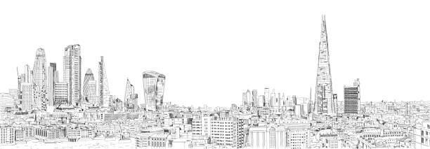 2020년 런던 비즈니스 영역 전망의 스케치 시티. 은행, 사무실 건물, 템스 강과 런던 다리가있는 금융 지구. 영국 - london stock illustrations