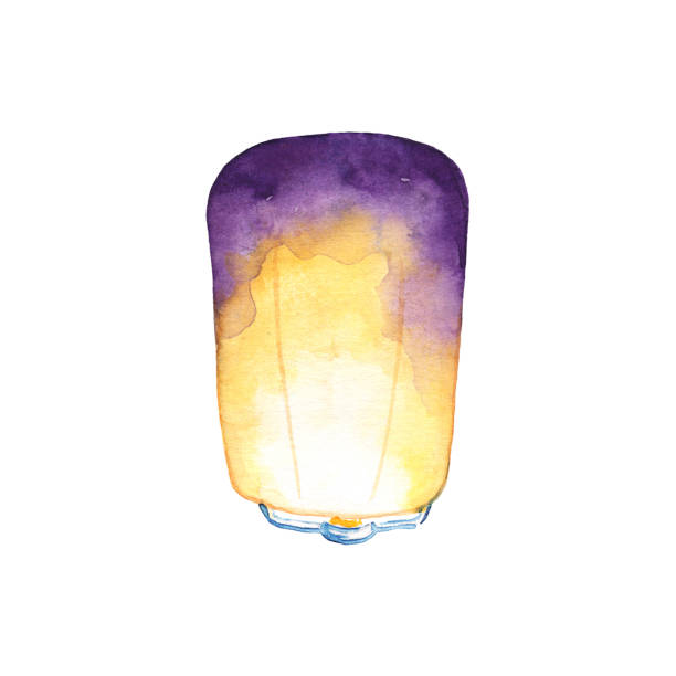 Sky lantern watercolor illustration on white background. Traditional chinese decor for lunar new year. vector art illustration
