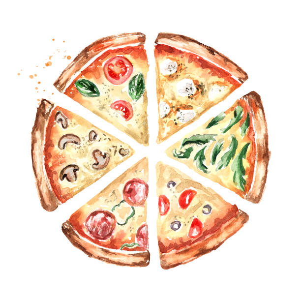 Slices of pizza with different toppings, top view. Watercolor hand drawn illustration, isolated on white background Slices of pizza with different toppings, top view. Watercolor hand drawn illustration, isolated on white background margherita stock illustrations