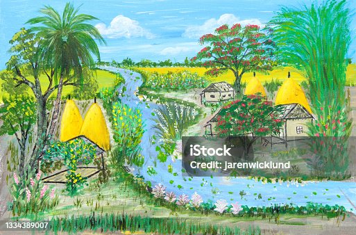 istock Small village huts by river after harvest 1334389007
