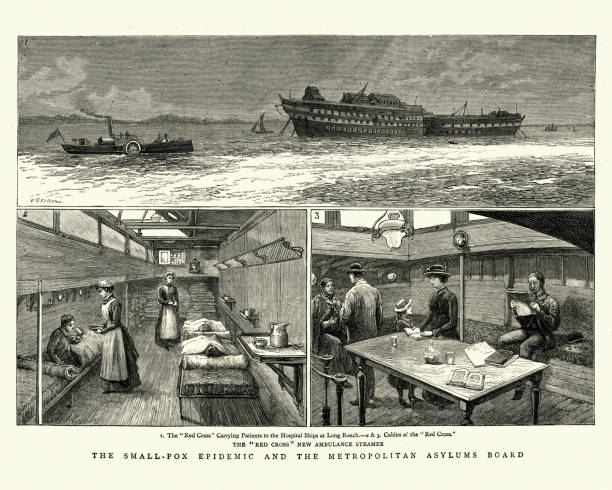 ilustrações de stock, clip art, desenhos animados e ícones de smallpox epidemic, hospital ships transporting patients to long reach, 1884 - varíola