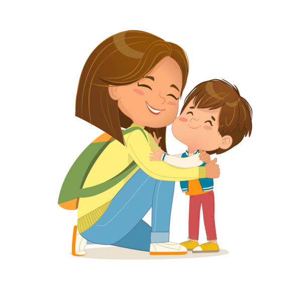 Smiling caring mom hugging little happy son feeling love, tenderness, positive emotion vector  african american mothers day stock illustrations
