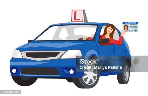 istock A smiling girl sits in a blue training car and shows her driver license. Design concept driving school or learning to drive. 1366046362