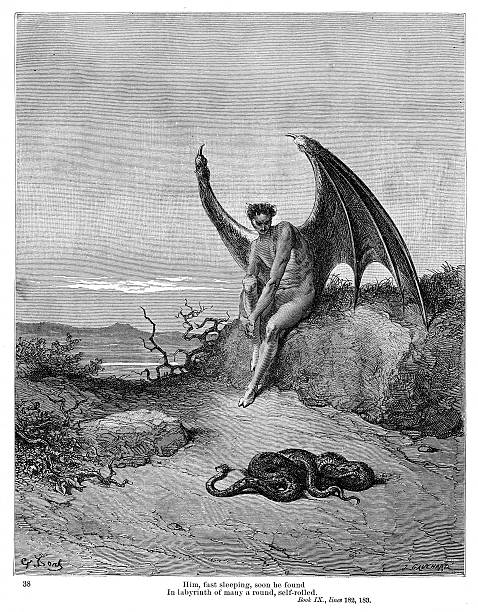 Snake and Evil 1885 Engraving by Gustave Dore. From Milton's Paradise Lost by Robert Vaughan, D.D. Chicago and New York 1885 demon fictional character stock illustrations