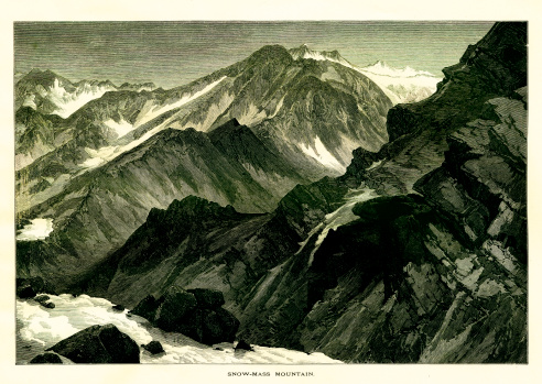 Snowmass Mountain in the Rocky Mountains of the U.S. state of Colorado. Published in Picturesque America or the Land We Live In (D. Appleton & Co., New York, 1872).