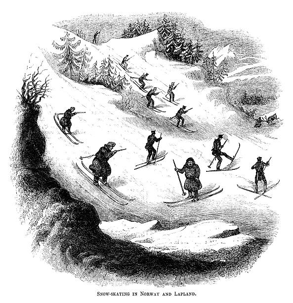 snow-skating (skiing) in norway and lapland (victorian woodcut) - 芬蘭 插圖 幅插畫檔、美工圖案、卡通及圖標