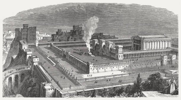 Solomon's Temple in Jerusalem, visual reconstruction, wood engraving, published 1886 Visual reconstruction of Solomon's Temple in Jerusalem. Wood engraving, published in 1886. jerusalem stock illustrations