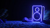 istock Sound speaker in neon light in beach. Futuristic night party banner concept. Summer party. Cyberpunk poster.  Party invitation. Promotion template. 3d illustration. 3d render. 1208351593