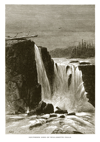 Very Rare, Beautifully Illustrated Antique Engraving of Falls of the Willamette, Cascade Range, Oregon, United States, American Victorian Engraving, 1872. Source: Original edition from my own archives. Copyright has expired on this artwork. Digitally restored.