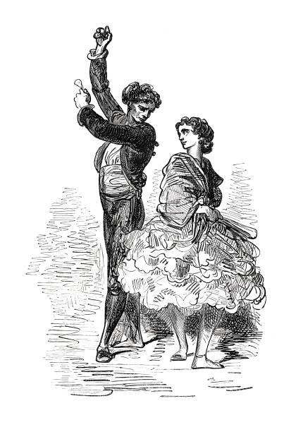 bildbanksillustrationer, clip art samt tecknat material och ikoner med spanskt par dansar flamenco nära sevilla 1864 - kastanjetter