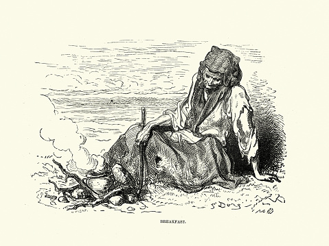 Vintage illustration, Spanish Romani woman cooking breakfast over a camp fire, Spain, illustrated by Gustave Dore 19th Century