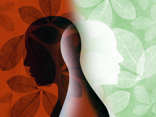 Split personality. Bipolar disorder mind mental. Mood disorder. Dual personality concept. Silhouette on background with leaves Bipolar disorder concept with two isolated silhouettes of man standing back and intersecting each other on background with leaves half happy half sad stock illustrations