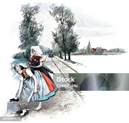 istock Spreewald, On the way to the church, two young women adjust the shoes 1393997610