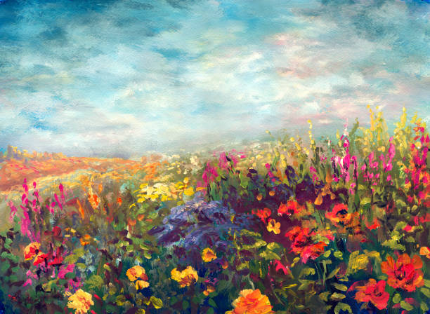 ilustraciones, imágenes clip art, dibujos animados e iconos de stock de prado floreciente, pintando al estilo del impresionismo - landscape painting