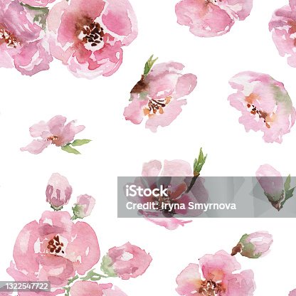 istock Spring sakura blossom in a seamless pattern of pink flowers, buds with green leaves. Hand drawn watercolor painting on white background. 1322547722
