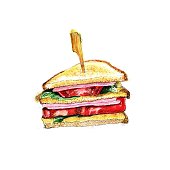 istock Stack of sandwiches with ham, tomato and lettuce leaves. Snack, white background, isolated. Watercolor hand drawing illustration. 1314923382