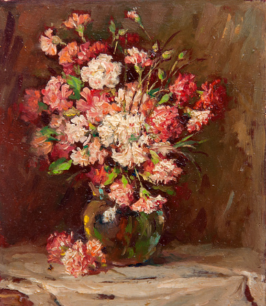 Still life oil painting showing colorful flowers in the vase standing on the table.