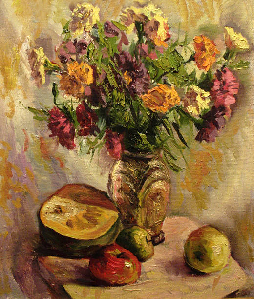 Still life with a bouquet of asters. Oil painting Still life with a bouquet of asters in vase, pumpkin and apples. Oil painting still life stock illustrations