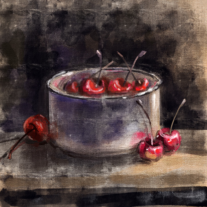 Still life with cherries. Oil painting.  Hand-drawn illustration.