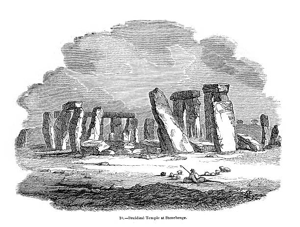 Stonehenge "Vintage engraving of a the druidieal temple at Stonehenge. A prehistoric monument located in the English county of Wiltshire, Stonehenge is composed of earthworks surrounding a circular setting of large standing stones. It is at the centre of the most dense complex of Neolithic and Bronze Age monuments in England, including several hundred burial mounds." megalith stock illustrations