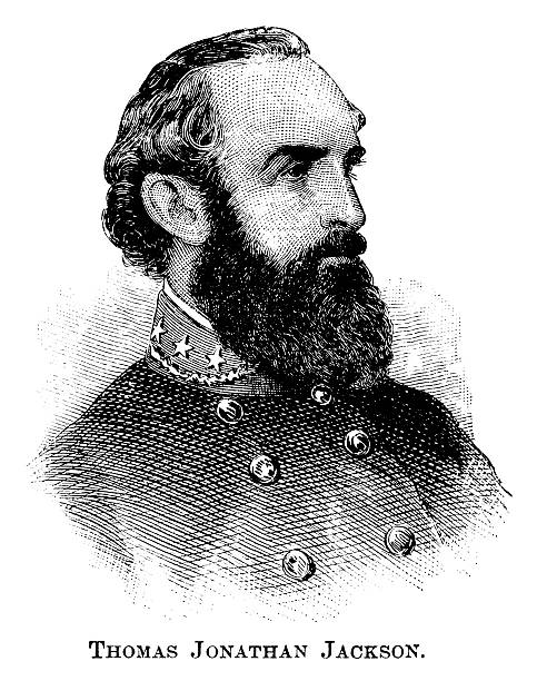 T. J. "Stonewall" Jackson - Antique Engraved Portrait Antique Engraved Portrait of Thomas Jonathan "Stonewall" Jackson,  a Confederate general during the American Civil War. stonewall jackson stock illustrations
