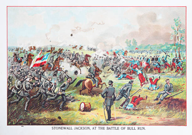 stonewall jackson w bitwie pod bull run 1892 - stonewall jackson stock illustrations