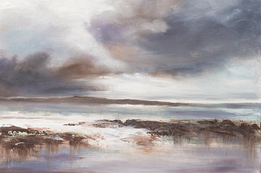 Original oil painting, Stormy Beach Seascape.