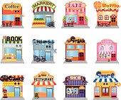 "set of 12 cute cartoon street shop,vector illustration"