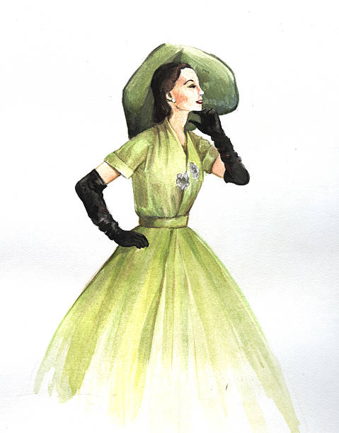 style "new look" 1950s Girl in dress style "new look". The evening outfit. Watercolor drawing. caenorhabditis elegans stock illustrations