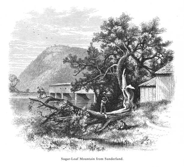 슈거 로프 산에서 선 덜 랜드, 코네티컷 강, 코네티컷 주, 매사추세츠 주, 미국 빅토리아 판화, 1872 - sunderland stock illustrations