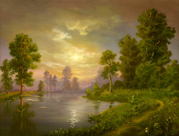 summer evening Painting, canvas, oil, created and painted by the photographer. landscape painting stock illustrations
