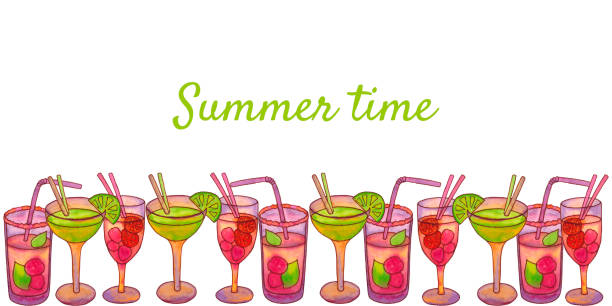 Summer frame banner with cocktails. Place for inscription. Summer frame banner with cocktails. Place for inscription. Classic tropical cocktails. Mixed non-alcoholicdrink with straws and fruit. Watercolor illustration. cocktail borders stock illustrations
