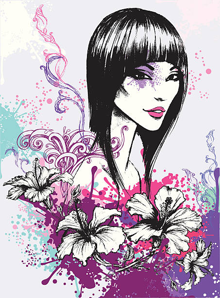 Summer Girl Vector girl with background. Hibiscus with hand Drawing elements. black and white hibiscus cartoon stock illustrations
