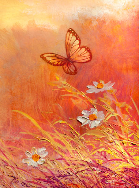 Summer picture with daisies and a butterfly. Sunny meadow with butterfly and daises. Abstract paintings. butterfly flower stock illustrations